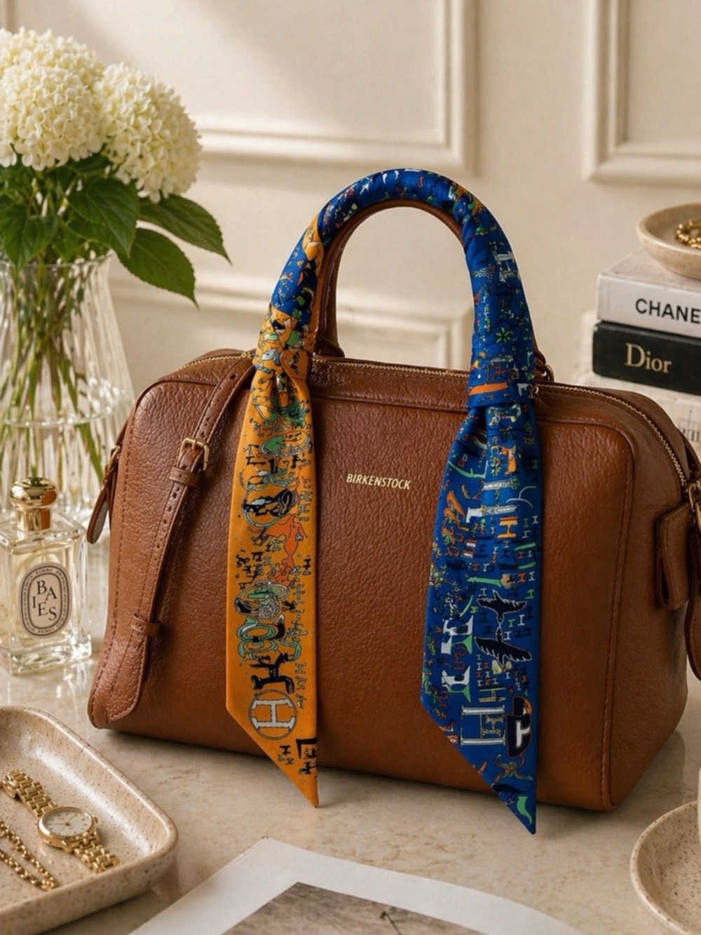 BLUE ORANGE ABSTRACT STORY PRINT SKINNY SCARF BAG HANDLE HAIR RIBBON NECK TIE